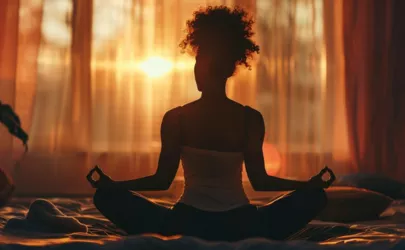 Frau in Yogapose in einem Schlafzimmer mit Sonnenuntergang