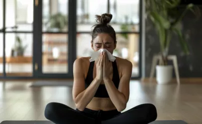 ein Frau sitzt auf ihrer Yoga-Matte und putzt sich die Nase mit einem Taschentuch