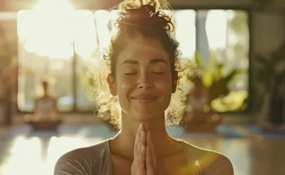 Lächelnde Frau mit Yoga Gruß