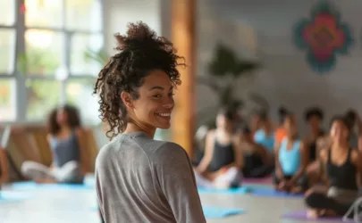 Yogalehrerin steht vor einer Yogaklasse