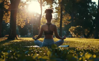 eine junge Frau macht Yoga in einem Park im Sonnenschein